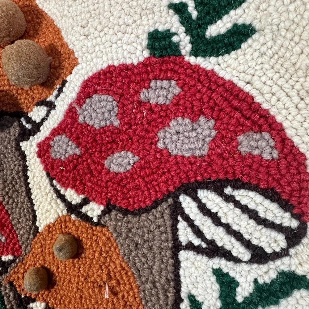 Vintage Hooked Wool Mushroom Pillow Cover 16